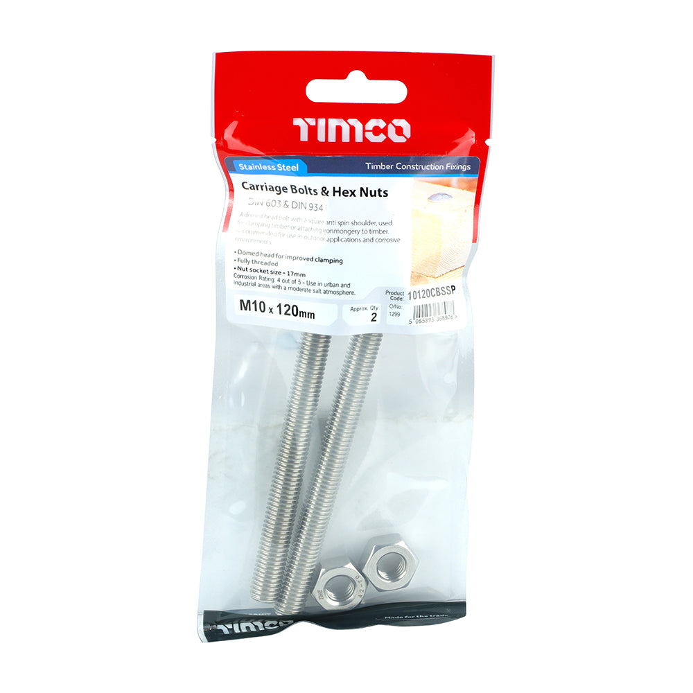 TIMCO Carriage Bolts DIN603 & Hex Full Nut DIN934 A2 Stainless Steel - M10 x 120 - Image