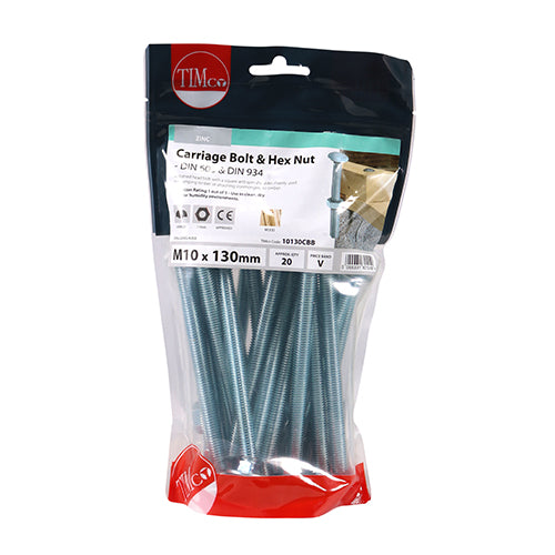 TIMCO Carriage Bolts DIN603 & Hex Full Nut DIN934 Silver - M10 x 130 - Image