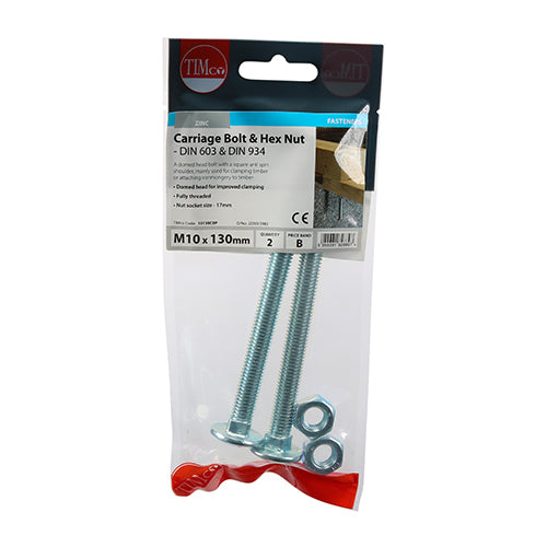 TIMCO Carriage Bolts DIN603 & Hex Full Nut DIN934 Silver - M10 x 130 - Image