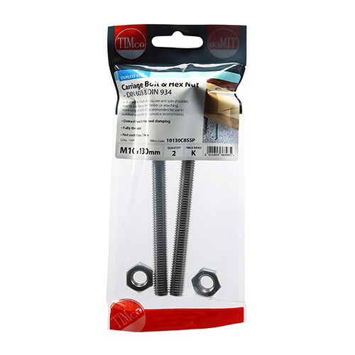 TIMCO Carriage Bolts DIN603 & Hex Full Nut DIN934 A2 Stainless Steel - M10 x 130 - Image