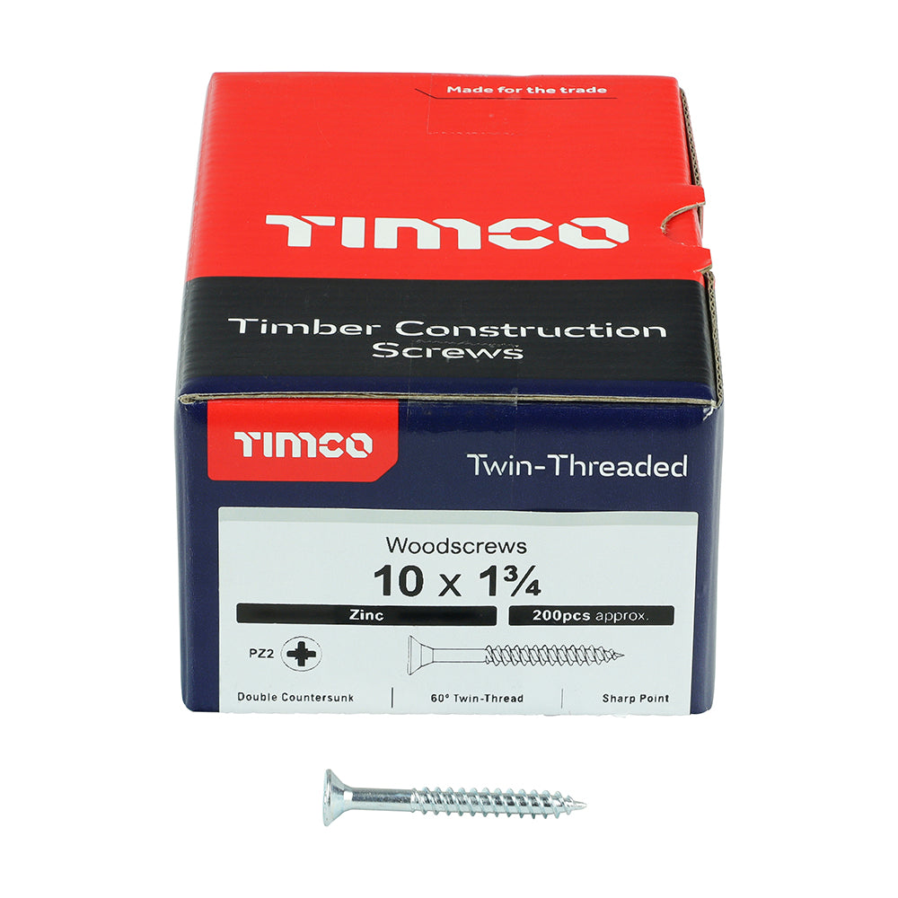 TIMCO Twin-Threaded Countersunk Silver Woodscrews - 10 x 1 3/4 - Image