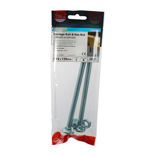 TIMCO Carriage Bolts DIN603 & Hex Full Nut DIN934 Silver - M10 x 150 - Image