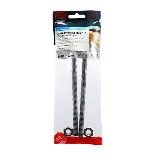 TIMCO Carriage Bolts DIN603 & Hex Full Nut DIN934 A2 Stainless Steel - M10 x 150 - Image