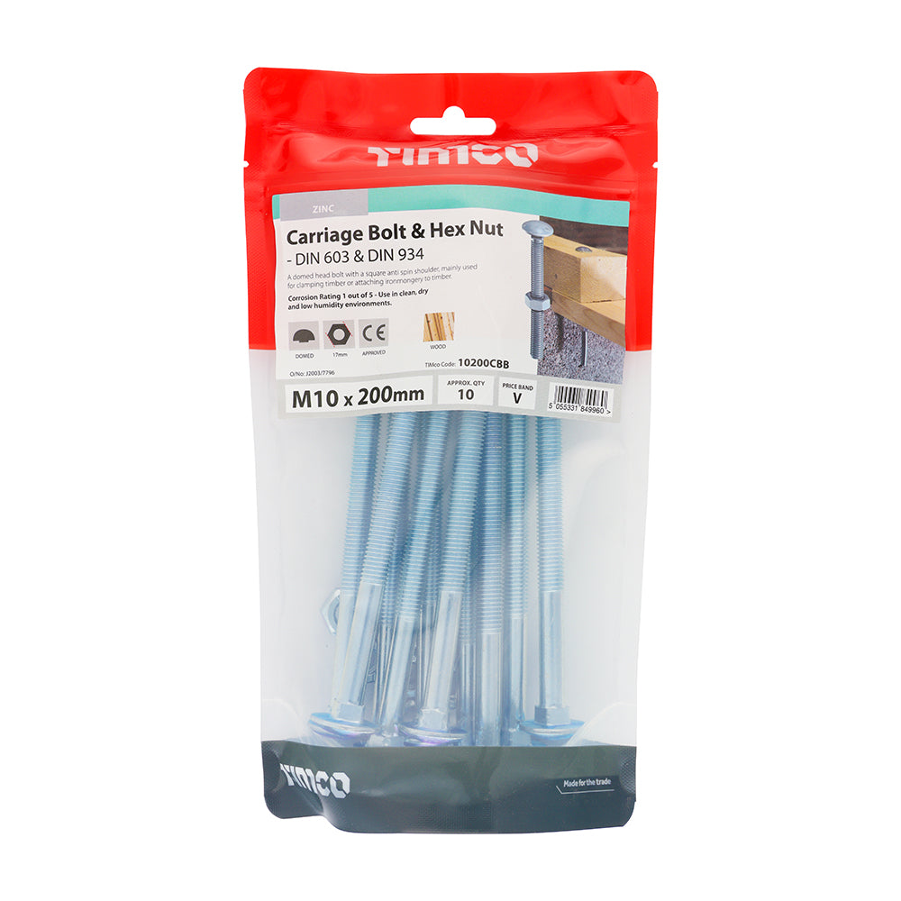 TIMCO Carriage Bolts DIN603 & Hex Full Nut DIN934 Silver - M10 x 200 - Image