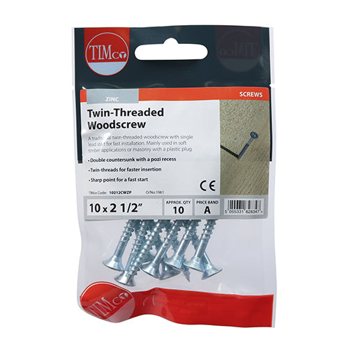 TIMCO Twin-Threaded Countersunk Silver Woodscrews - 10 x 21/2 - Image