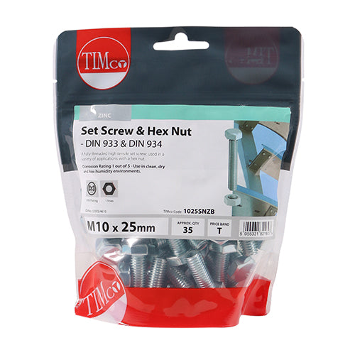 TIMCO Set Screws DIN933 Grade 8.8 & Hex Nut DIN934 Silver - M10 x 25 - Image