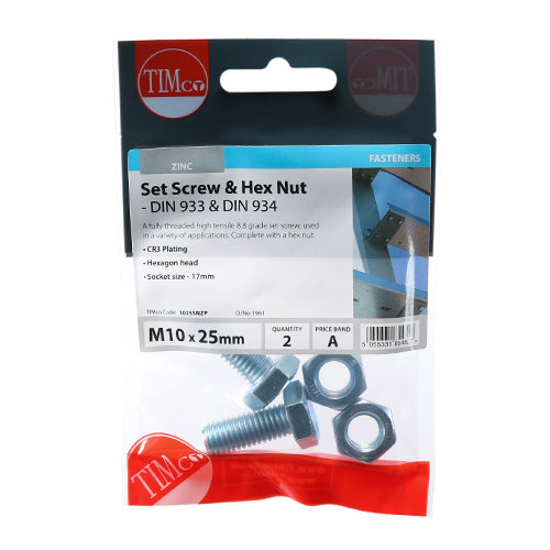 TIMCO Set Screws DIN933 Grade 8.8 & Hex Nut DIN934 Silver - M10 x 25 - Image