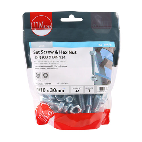 TIMCO Set Screws DIN933 Grade 8.8 & Hex Nut DIN934 Silver - M10 x 30 - Image