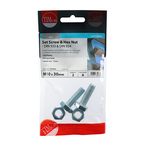 TIMCO Set Screws DIN933 Grade 8.8 & Hex Nut DIN934 Silver - M10 x 30 - Image