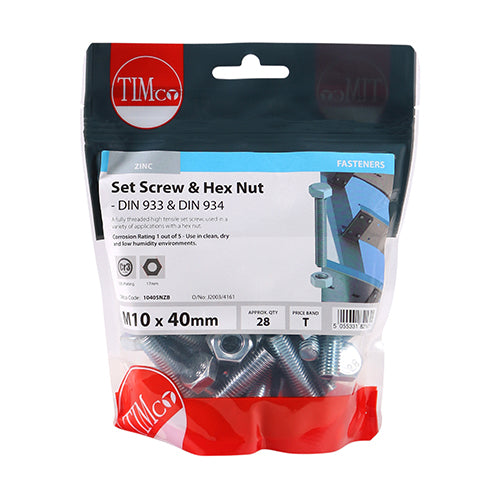 TIMCO Set Screws DIN933 Grade 8.8 & Hex Nut DIN934 Silver - M10 x 40 - Image