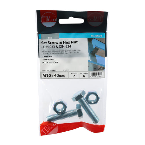 TIMCO Set Screws DIN933 Grade 8.8 & Hex Nut DIN934 Silver - M10 x 40 - Image