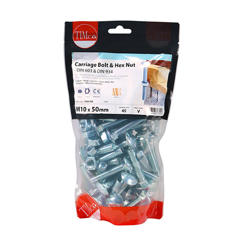 TIMCO Carriage Bolts DIN603 & Hex Full Nut DIN934 Silver - M10 x 50 - Image