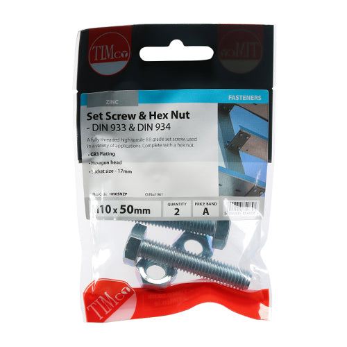 TIMCO Set Screws DIN933 Grade 8.8 & Hex Nut DIN934 Silver - M10 x 50 - Image