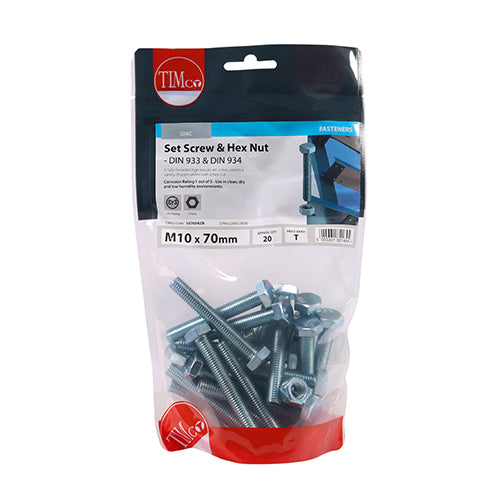 TIMCO Set Screws DIN933 Grade 8.8 & Hex Nut DIN934 Silver - M10 x 70 - Image