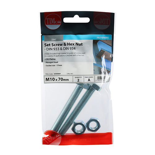 TIMCO Set Screws DIN933 Grade 8.8 & Hex Nut DIN934 Silver - M10 x 70 - Image