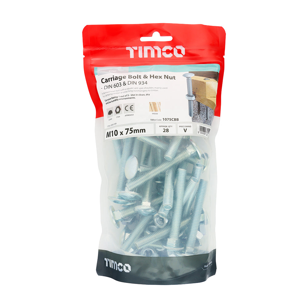 TIMCO Carriage Bolts DIN603 & Hex Full Nut DIN934 Silver - M10 x 75 - Image