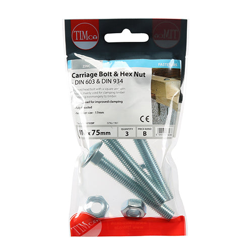 TIMCO Carriage Bolts DIN603 & Hex Full Nut DIN934 Silver - M10 x 75 - Image