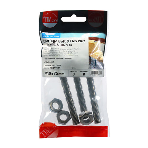 TIMCO Carriage Bolts DIN603 & Hex Full Nut DIN934 A2 Stainless Steel - M10 x 75 - Image