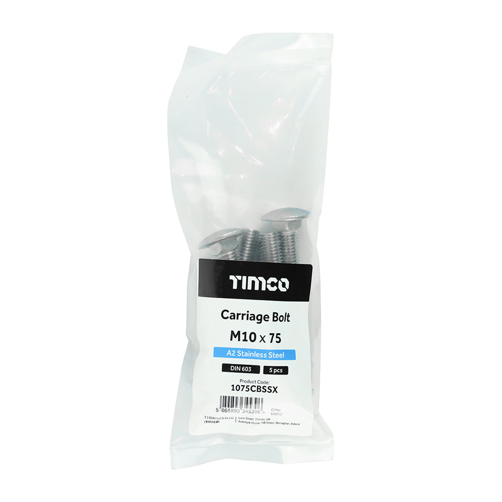 TIMCO Carriage Bolts DIN603 A2 Stainless Steel - M10 x 75 - Image