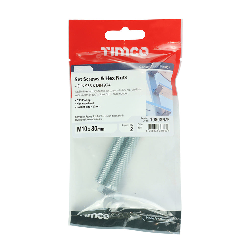 TIMCO Set Screws DIN933 Grade 8.8 & Hex Nut DIN934 Silver - M10 x 80 - Image