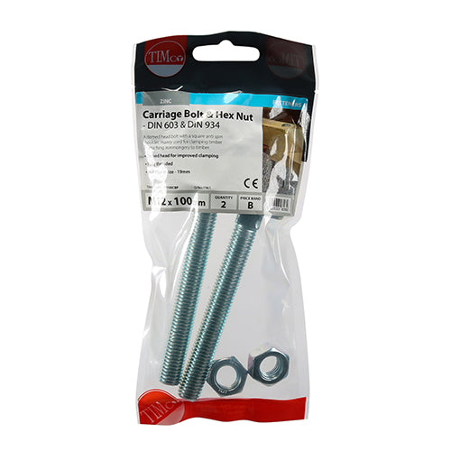 TIMCO Carriage Bolts DIN603 & Hex Full Nut DIN934 Silver - M12 x 100 - Image