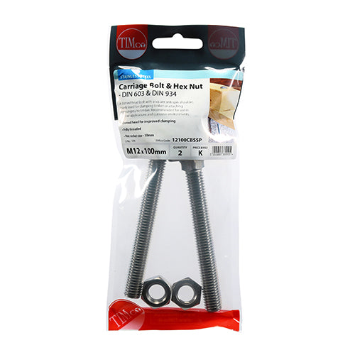 TIMCO Carriage Bolts DIN603 & Hex Full Nut DIN934 A2 Stainless Steel - M12 x 100 - Image