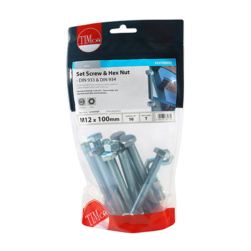 TIMCO Set Screws DIN933 Grade 8.8 & Hex Nut DIN934 Silver - M12 x 100 - Image