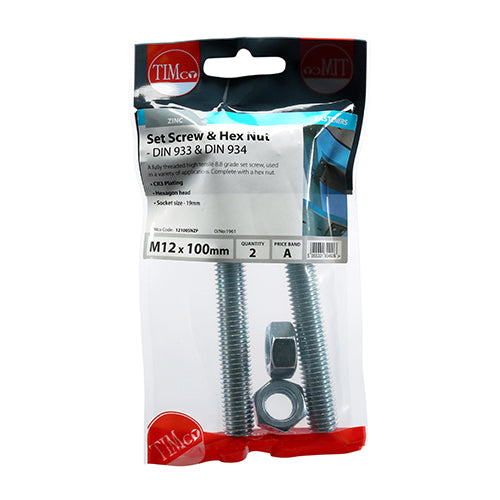 TIMCO Set Screws DIN933 Grade 8.8 & Hex Nut DIN934 Silver - M12 x 100 - Image