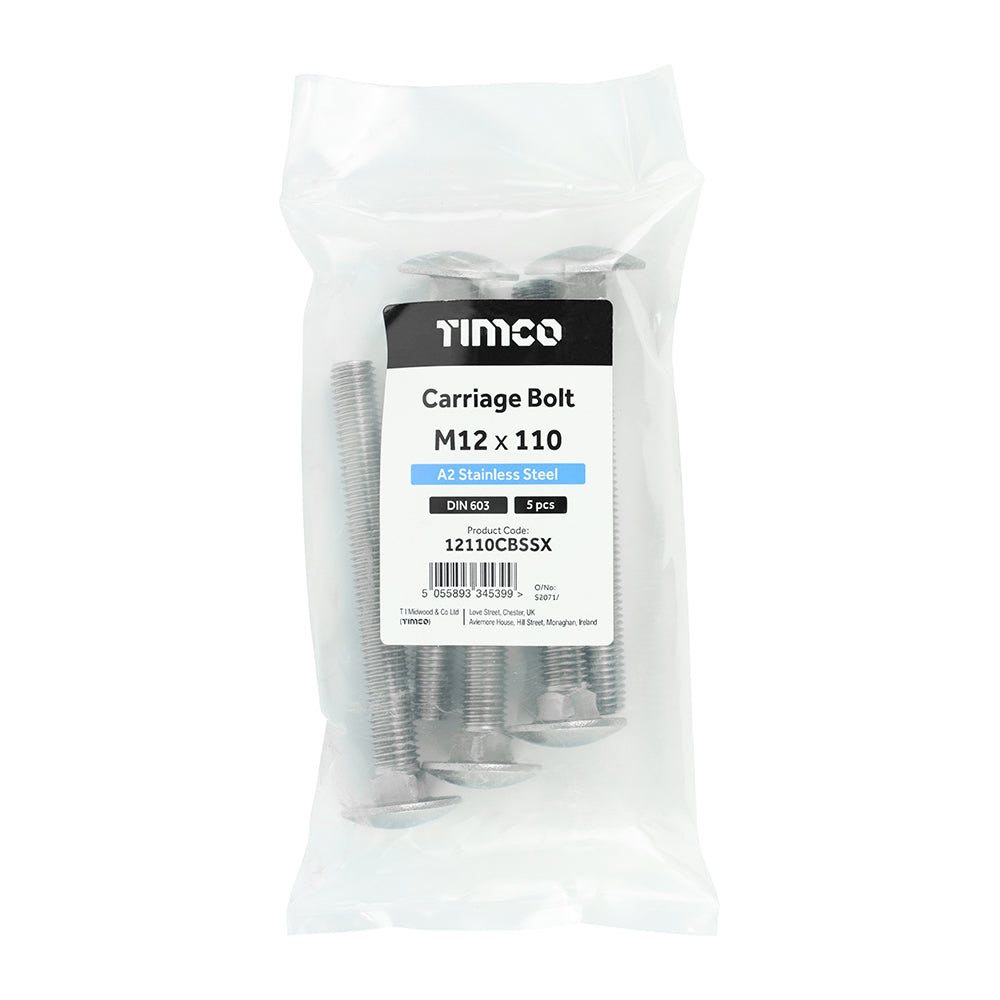 TIMCO Carriage Bolts DIN603 A2 Stainless Steel - M12 x 110 - Image