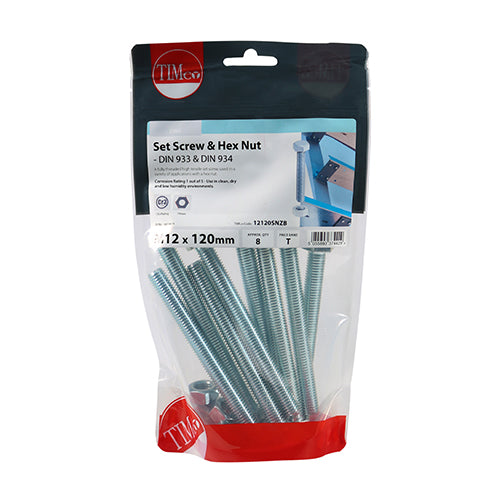 TIMCO Set Screws DIN933 Grade 8.8 & Hex Nut DIN934 Silver - M12 x 120 - Image