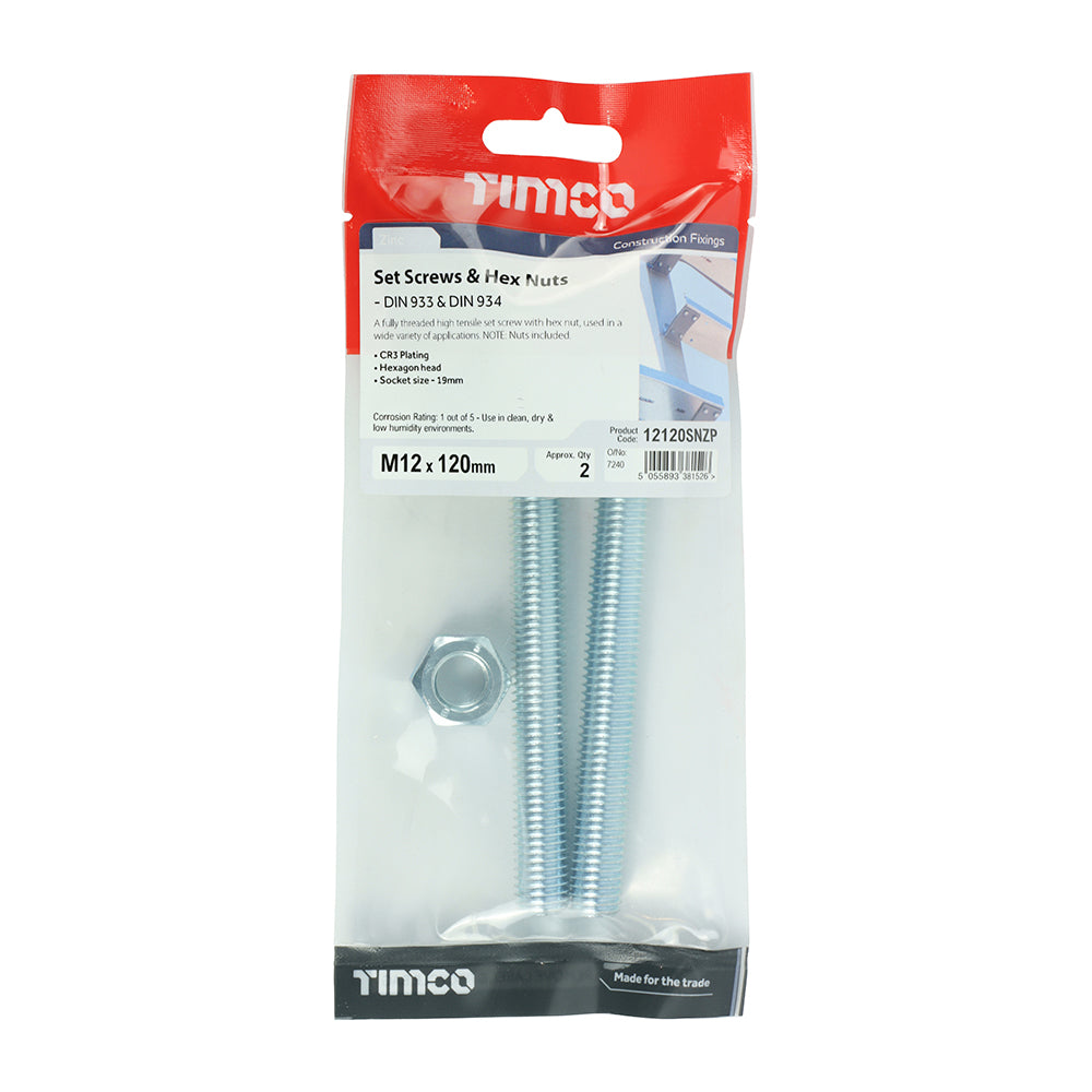 TIMCO Set Screws DIN933 Grade 8.8 & Hex Nut DIN934 Silver - M12 x 120 - Image