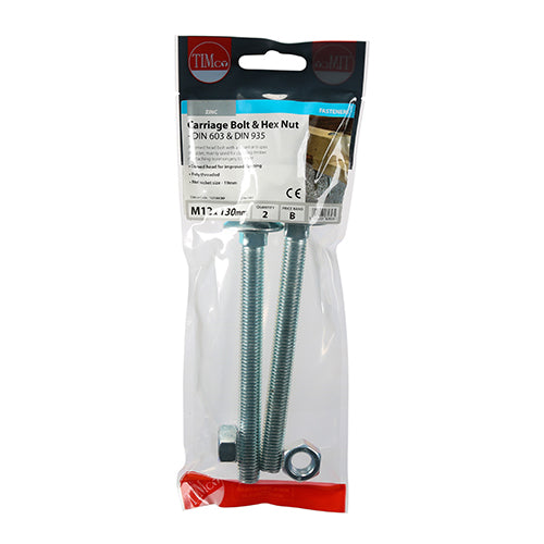TIMCO Carriage Bolts DIN603 & Hex Full Nut DIN934 Silver - M12 x 130 - Image