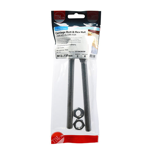 TIMCO Carriage Bolts DIN603 & Hex Full Nut DIN934 A2 Stainless Steel - M12 x 130 - Image