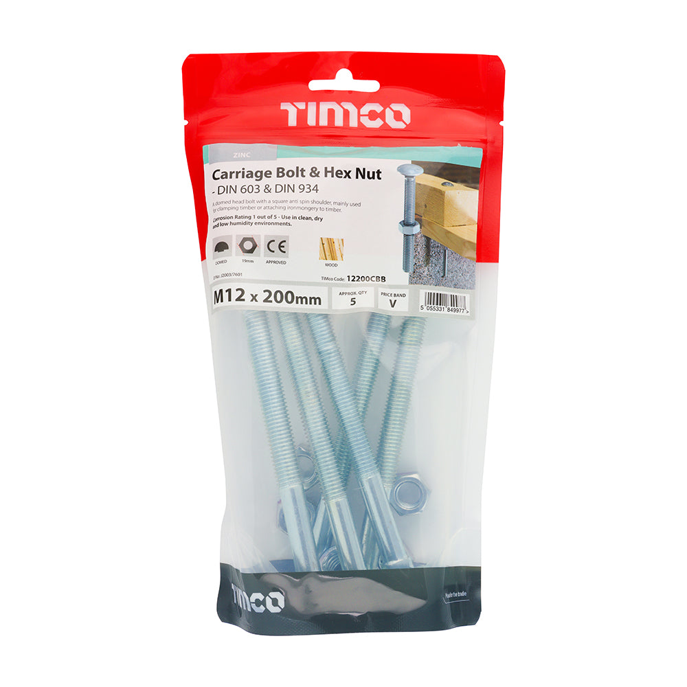 TIMCO Carriage Bolts DIN603 & Hex Full Nut DIN934 Silver - M12 x 200 - Image