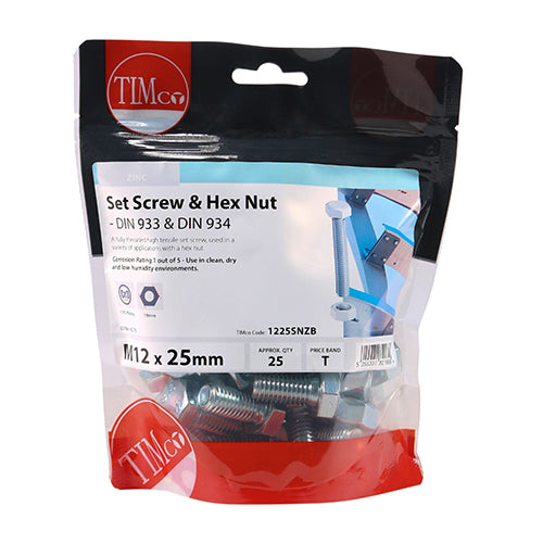 TIMCO Set Screws DIN933 Grade 8.8 & Hex Nut DIN934 Silver - M12 x 25 - Image