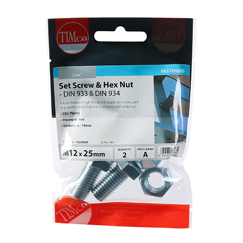 TIMCO Set Screws DIN933 Grade 8.8 & Hex Nut DIN934 Silver - M12 x 25 - Image