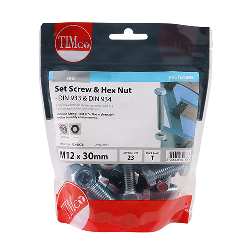 TIMCO Set Screws DIN933 Grade 8.8 & Hex Nut DIN934 Silver - M12 x 30 - Image