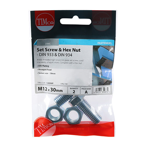 TIMCO Set Screws DIN933 Grade 8.8 & Hex Nut DIN934 Silver - M12 x 30 - Image