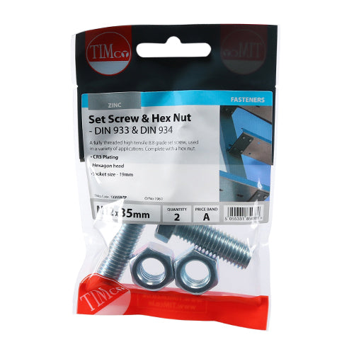 TIMCO Set Screws DIN933 Grade 8.8 & Hex Nut DIN934 Silver - M12 x 35 - Image