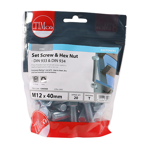 TIMCO Set Screws DIN933 Grade 8.8 & Hex Nut DIN934 Silver - M12 x 40 - Image