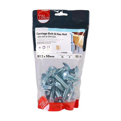 TIMCO Carriage Bolts DIN603 & Hex Full Nut DIN934 Silver - M12 x 50 - Image