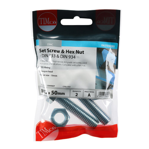 TIMCO Set Screws DIN933 Grade 8.8 & Hex Nut DIN934 Silver - M12 x 50 - Image