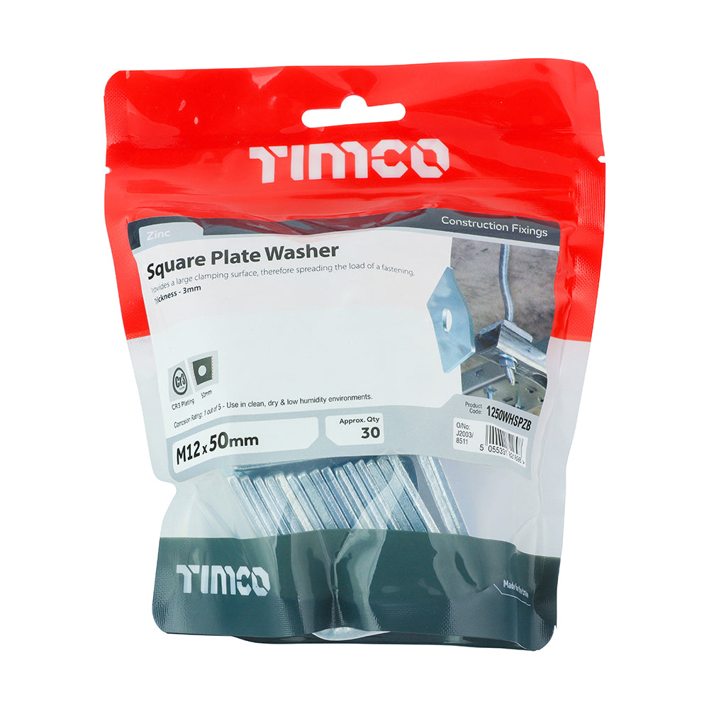TIMCO Square Plate Washers Silver - M12 x 50 x 50 x 3 - Image