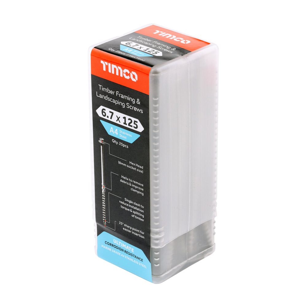 TIMCO Timber Screws Hex Flange Head A4 Stainless Steel - 6.7 x 125 - Image
