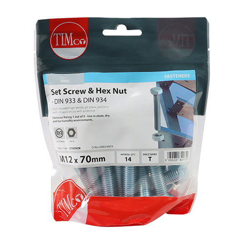 TIMCO Set Screws DIN933 Grade 8.8 & Hex Nut DIN934 Silver - M12 x 70 - Image