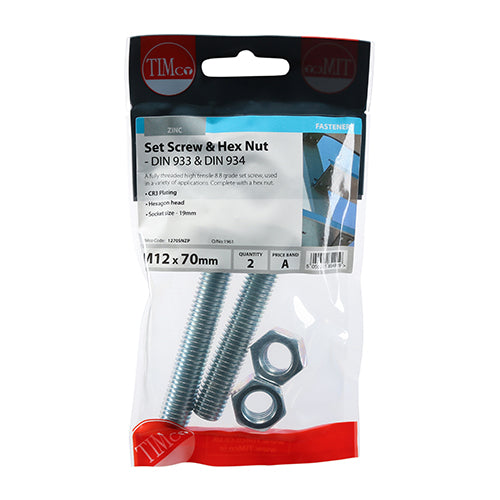 TIMCO Set Screws DIN933 Grade 8.8 & Hex Nut DIN934 Silver - M12 x 70 - Image