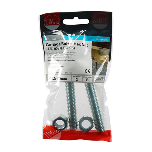 TIMCO Carriage Bolts DIN603 & Hex Full Nut DIN934 Silver - M12 x 75 - Image