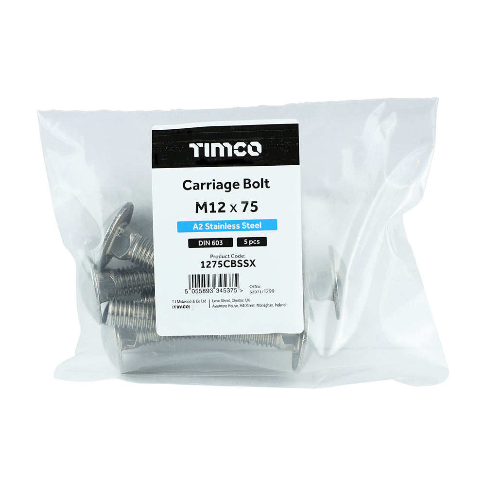 TIMCO Carriage Bolts DIN603 A2 Stainless Steel - M12 x 75 - Image
