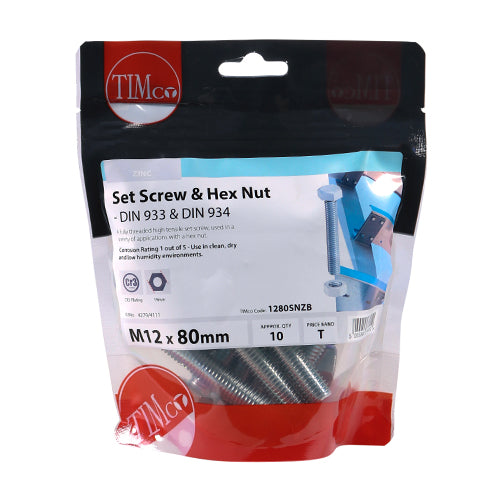 TIMCO Set Screws DIN933 Grade 8.8 & Hex Nut DIN934 Silver - M12 x 80 - Image