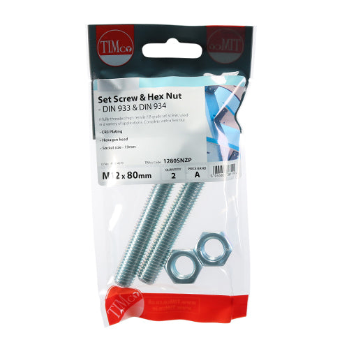 TIMCO Set Screws DIN933 Grade 8.8 & Hex Nut DIN934 Silver - M12 x 80 - Image